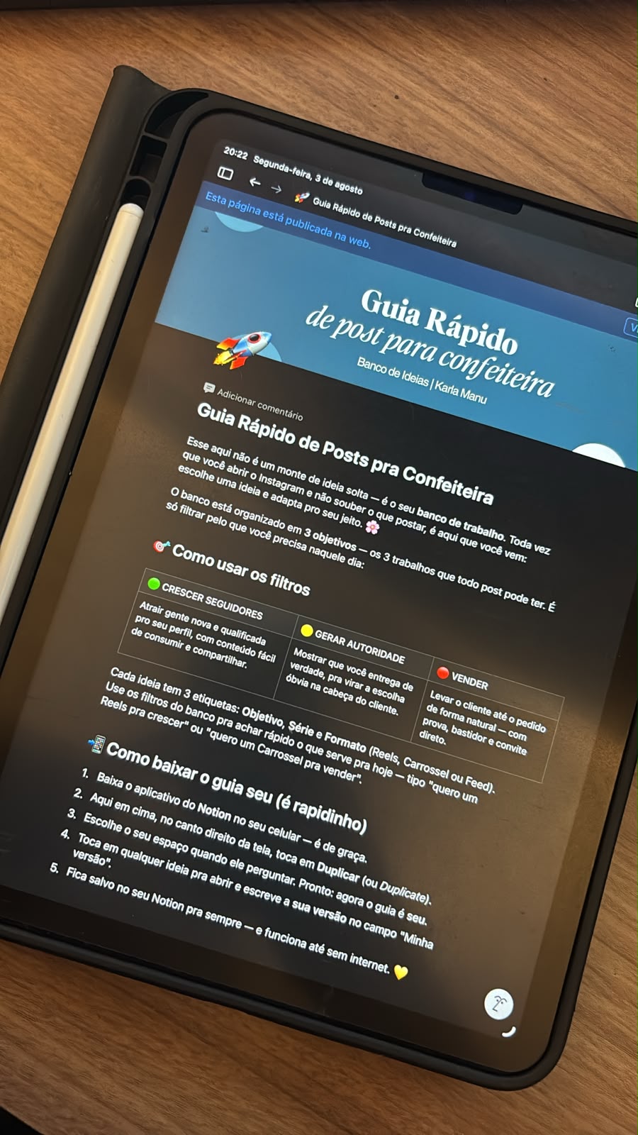 Tablet exibindo o Guia Rápido de Posts organizado no Notion