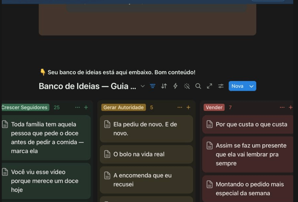 Quadro de ideias do guia organizado em colunas por objetivo